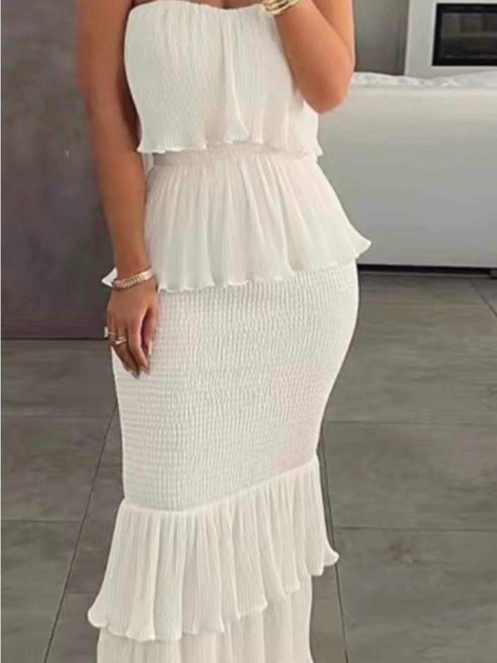 Elegant White Strapless Tiered Ruffle Maxi Dress
